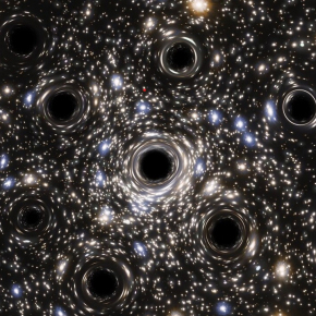 Trop petits pour être observés au télescope, les multiples trous noirs de l’amas d’étoiles NGC 6397 sont ici représentés de manière très exagérée par l’artiste N. Bartmann