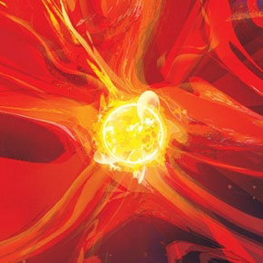 Vue d’artiste de la très jeune naine rouge éruptive AU Mic et de sa planète nouvellement découverte AU Mic b, avec au loin le disque de débris qui a donné naissance à la planète